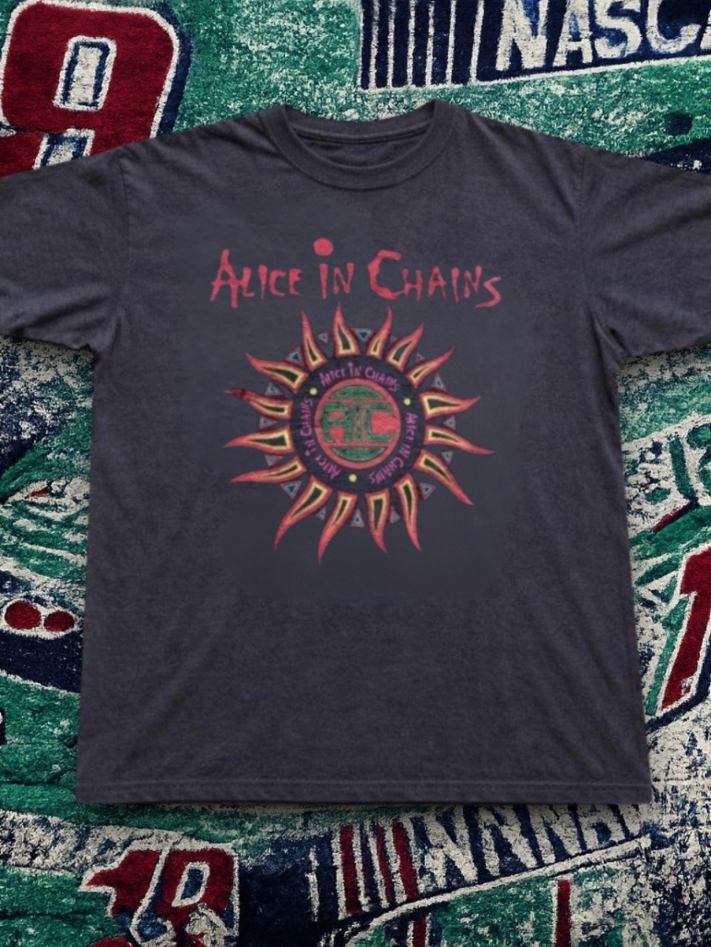 Gildan Alice In Chains Band Tee - Charcoal with Red and Green Sun Graphic